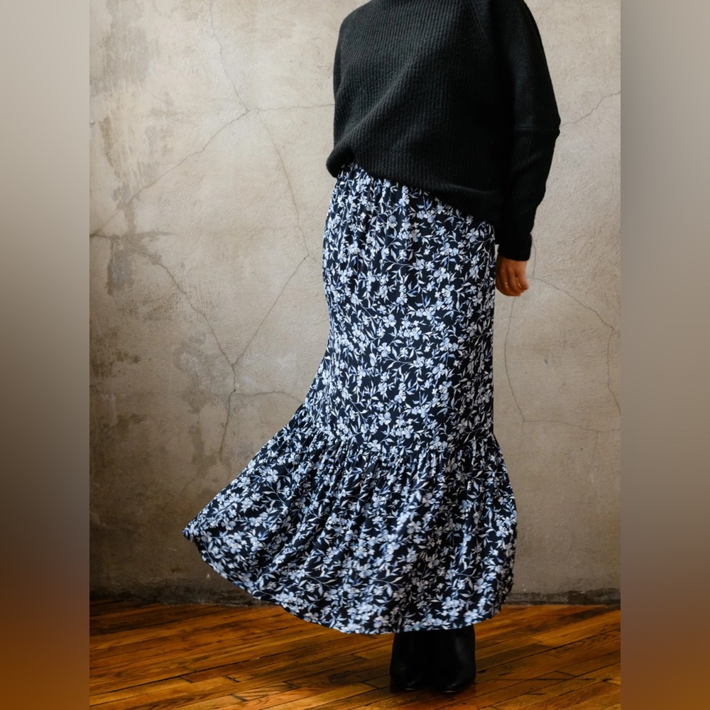 Able Blue Floral Catherine Flouncy Maxi Skirt with Ruffled Tiers